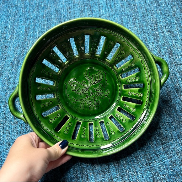 Hungarian Sgraffito Pottery Ceramic Dish Colander Style Berry Bowl Hungary 11" - Picture 3 of 8